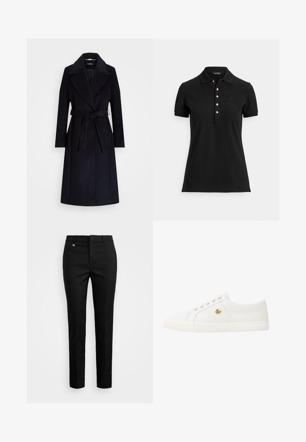 Casaco em mistura de lã azul-marinho com lapela ampla, cintura cingida, mangas longas e corte reto. Apresenta uma textura suave e detalhes mínimos.; Polo preta feita de tecido texturizado, com gola, mangas curtas e pala com botões dourados. Detalhe sutil do logótipo no peito.; Calças pretas com um corte ajustado, textura suave e frente plana com pregas subtis. Inclui um cós com passantes para cinto e um pequeno logótipo.; Lauren Ralph Lauren JANSON II CANVAS SNEAKER - Sapatilhas - optic white