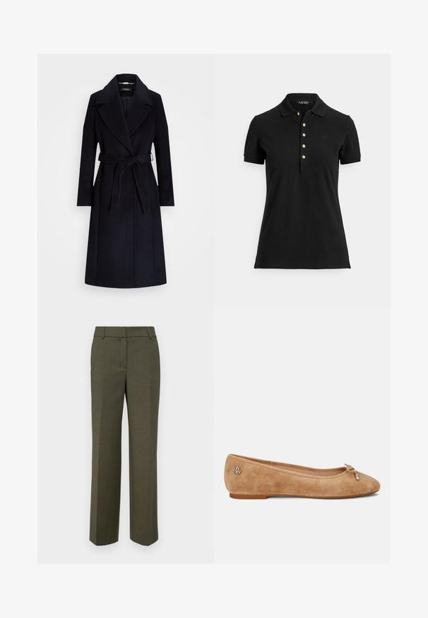 Palton bleumarin din lână cu amestec, cu rever larg, talie cu curea, mâneci lungi și croială dreaptă. Are o textură netedă și detalii minime.; Tricou polo negru din material texturat, cu guler, mâneci scurte și o fenta cu nasturi aurii. Detaliu subtil cu logo pe piept.; Pantaloni eleganți de culoare verde măsliniu, realizați dintr-un material texturat. Prezintă un design cu picior drept, cu front plat și fără ornamente vizibile.; Balerini bej din suede, cu vârful ușor ascuțit, o fundiță decorativă în față și un mic logo metalic pe toc. Talpă plată.