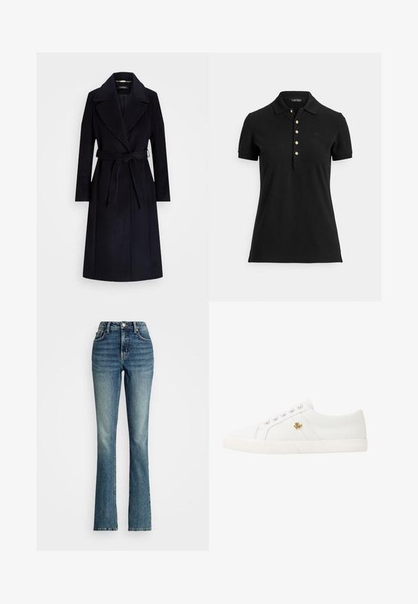 Tamsiai mėlynas vilnos ir sintetinių pluoštų paltas su plačiais atvartais, diržo juosmeniui, ilgomis rankovėmis ir tiesiu kirpimu. Paltas turi lygų paviršių ir minimalų dekorą.; Juoda polo marškinėliai iš tekstūruotos medžiagos, turintys apykaklę, trumpas rankoves ir apatinę dalį su auksiniais mygtukais. Švelnus logotipo detalė ant krūtinės.; Apsleisti džinsai, pagaminti iš vidutinio plovimo džinsinio audinio, su aukštu liemeniu, penkių kišenių dizainu ir švelniu išblukimu priekyje.; Lauren Ralph Lauren JANSON II CANVAS SNEAKER - Sportbačiai - optic white