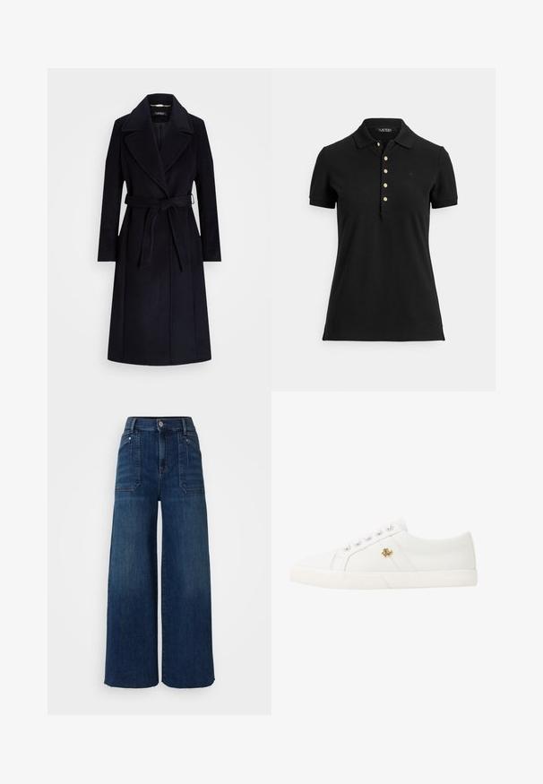 Mornarski kaput od vune s dodatkom, s širokim reverima, pojasom u struku, dugim rukavima i ravnim krojem. Ima glatku teksturu i minimalne detalje.; Crna polo majica od teksturiranog tkanja, s ovratnikom, kratkim rukavima i preklopom s zlatnim gumbima. Diskretan logo na prsima.; Tamne široke tamnoplave traperice s visokim strukom, koje imaju dva prednja džepa i sirove rubove, dizajnirane s jednostavnom i klasičnom strukturom.; Lauren Ralph Lauren JANSON II CANVAS SNEAKER - Tenisice - optic white