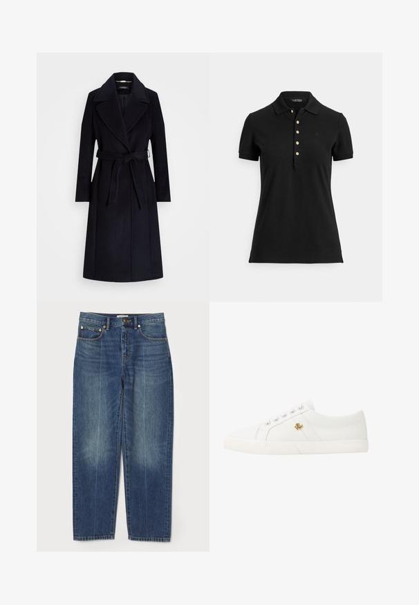 Mornarski kaput od vune s dodatkom, s širokim reverima, pojasom u struku, dugim rukavima i ravnim krojem. Ima glatku teksturu i minimalne detalje.; Crna polo majica od teksturiranog tkanja, s ovratnikom, kratkim rukavima i preklopom s zlatnim gumbima. Diskretan logo na prsima.; Plave traperice visokog struka ravnog kroja s prednjim i stražnjim džepovima, petljama za remen, kopčanjem na gumb i suptilnim izblijedjelim detaljima na nogavicama.; Lauren Ralph Lauren JANSON II CANVAS SNEAKER - Tenisice - optic white