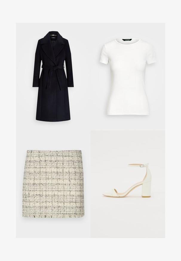 Navy wool-blend coat with a wide lapel, belted waist, long sleeves, and a straight cut. Features a smooth texture and minimal detailing.; White cotton T-shirt with short sleeves, round neck, fitted design, and smooth texture. Logo tag at neckline.; Tweed mini skirt in cream and black, featuring a textured pattern with a straight cut and fringed hem for detail.; White leather block-heel sandal featuring an ankle strap with a buckle and minimalist design. Open toe and smooth textures throughout.
