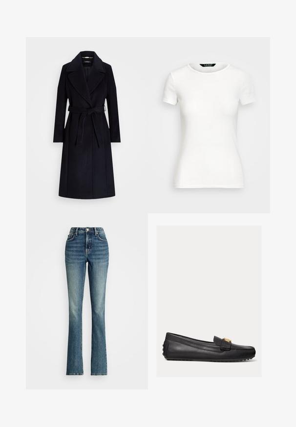 Tamsiai mėlynas vilnos ir sintetinių pluoštų paltas su plačiais atvartais, diržo juosmeniui, ilgomis rankovėmis ir tiesiu kirpimu. Paltas turi lygų paviršių ir minimalų dekorą.; Baltos medvilnės marškinėliai trumpomis rankovėmis, apvaliu kaklu, prigludusio dizaino ir lygios tekstūros. Logo etiketė prie kaklo.; Apsleisti džinsai, pagaminti iš vidutinio plovimo džinsinio audinio, su aukštu liemeniu, penkių kišenių dizainu ir švelniu išblukimu priekyje.; Juodai odiniai loafersai su lygiu paviršiumi, su auksiniu dekoratyviniu akcentu ir guminiu padu su mažais sukibimo kalneliais.