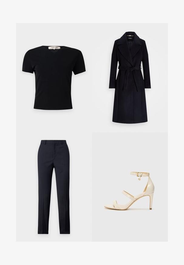 Palton bleumarin din lână cu amestec, cu rever larg, talie cu curea, mâneci lungi și croială dreaptă. Are o textură netedă și detalii minime.; Tricou negru, cu mânecă scurtă, de tip V, confecționat dintr-un material neted și elastic. Prezintă o siluetă simplă, clasică, fără embellishments.; Pantaloni tailor-made de culoare bleumarin cu o croială dreaptă, având o textură netedă, două buzunare frontale și o talie curată.; Sandale cu toc înalt bej, cu curea subțire la gleznă și două curele superioare. Finisaj lucios din patent și detalii din metal auriu pe cureaua de la gleznă.