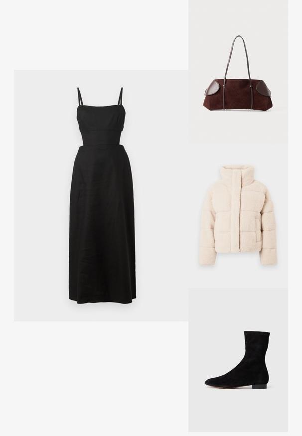 Beige flanellist puffer-jakk, millel on kõrge krae, millel on tikitud disain ja ees olevad taskud, pehme tekstuur kogu ulatuses.; Musthave, õlakuvaritega maksimekk, millel on sobiv ülemine osa ja lai seelik; valmistatud kergest kangast, omab õhukesi reguleeritavaid rihmu.; Musthave mustan nahast pahkluu saabas, millel on kitsas vars, terav nina ja madal plokk-konts. Pehme tekstuur ja minimalistlik disain, sobib mitmekesiseks stiliseerimiseks.; Pruun suede kott nahkakattega, struktureeritud kuju, kahe õlapaelaga ja ümarate servadega, millel on sile tekstuur ja minimaalne riistvara.