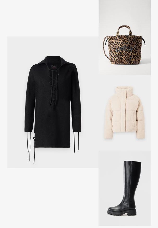 Beige fleece pufferjack met hoge kraag, met een doorgestikt ontwerp en voorzakken, zachte textuur overal.; Zwarte lange mouwen shirt met een veteropening aan de voorkant, voorzien van een kraag, zijsplitten met banden en een gestructureerd materiaal.; Zwarte kniehoge laarzen van soepel leer, met een ronde neus en een robuuste rubberen zool met loopprofielen voor grip.; Tote bag met luipaardprint, korte handvatten en een zwarte "AMOUR" patch. Gemaakt van zacht stof, met een trekkoordsluiting en een gestructureerd oppervlak.