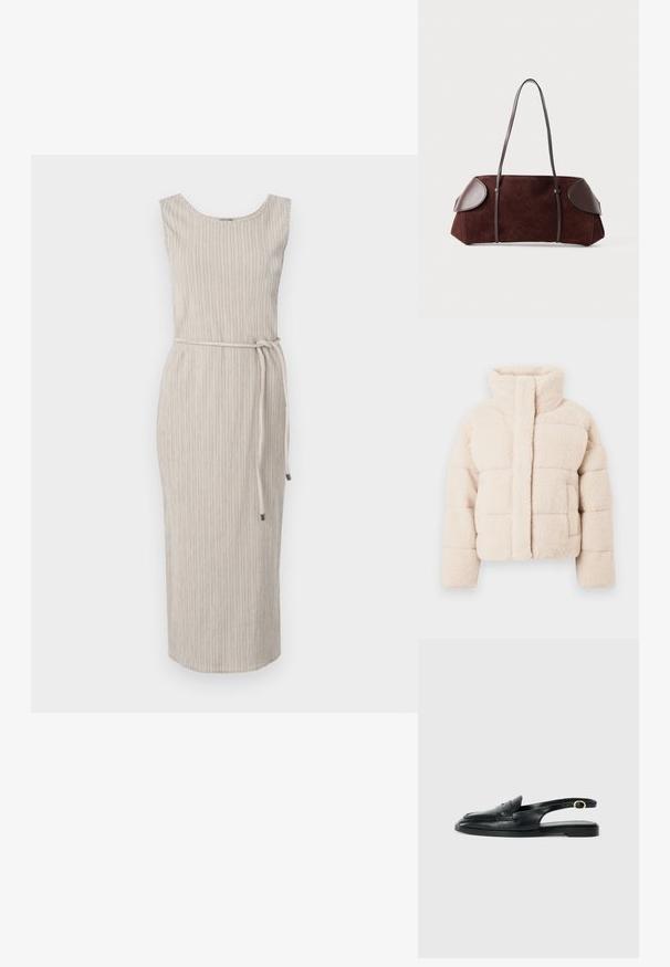 Béžový fleecový puffier s vysokým golierom, s prešívaným dizajnom a prednými vreckami, mäkká textúra po celej ploche.; Béžové, bezrukávové šaty s okrúhlym výstrihom, textúrovanými zvislými pruhmi a zodpovedajúcim opaskom na páse. Dĺžka po polovicu lýtok.; Čierna kožená sandálová topánka s okrúhlym prstom, plochou podrážkou, bočným výrezom a popruhom s detailom v zlatej farbe.; Hnedá semišová taška s koženými akcentmi, štruktúrovaný tvar, dvojité ramenné popruhy a zaoblené okraje, s hladkou textúrou a minimálnym hardvérom.