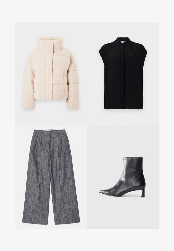 Beżowa kurtka puchowa z wysokim kołnierzem, z pikowanym wzorem i przednimi kieszeniami, o miękkiej fakturze.; Czarna bluzka z krótkim rękawem, wykonana z gładkiego materiału. Posiada wyciągany kołnierzyk i zapięcie na guziki z przodu. Czysty, minimalistyczny design.; Filippa K DARCEY granatowy; Czarne skórzane botki sięgające kostki z ostrym noskiem i eleganckim designem. Posiadają niski obcas oraz zamek błyskawiczny z tyłu. Gładka faktura.
