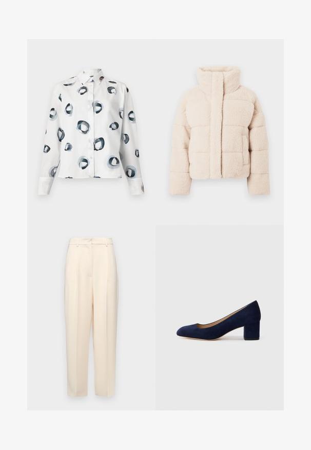 Bežs flīsu pūkains jaka ar augstu apkakli, ar kvadrātveida dizainu un priekšējām kabatām, mīksta tekstūra visā virsmā.; Balta krekla ar pogām dizains, kas satur abstraktu apļa rakstu zilās un melnās krāsās. Izgatavots no kokvilnas, ar gludu tekstūru un garām piedurknēm.; Beige pielāgotas bikses ar taisnu piegriezumu, priekšpusē ar krokām, gluda tekstūra un vidējas augstuma jostasvieta. Nav redzamu kabatu.; Tumši zili zamšādas kurpes ar norādītu degunu un vidēja augstuma blokveida papēdi. Gluda tekstūra ar smalku spīdumu un nelielu izgriezumu priekšā.