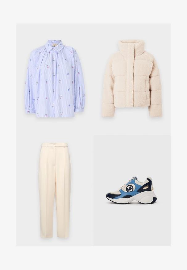 Giacca puffer in pile beige con colletto alto, caratterizzata da un design trapuntato e tasche frontali, texture morbida in tutto.; Camicia a righe blu e bianche con ricami floreali, design con bottoni sul davanti, maniche lunghe a palloncino e colletto classico. Tessuto in cotone leggero.; Pantaloni beige su misura con vestibilità dritta, caratterizzati da pieghe davanti, una texture liscia e vita a media altezza. Senza tasche visibili.; Sneaker in camoscio bianco, blu navy e azzurro chiaro con suola spessa e logo ricamato circolare sul lato.