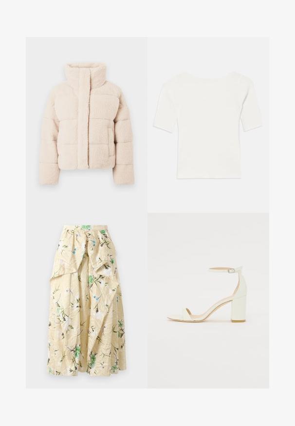Beige fleece pufferjakke med høj krave, der har en quiltet design og forlommer, blød tekstur hele vejen igennem.; Hvid ribbet kortærmet top med en bred udskæring. Teksturen har lodrette striber, der fremhæver en tætsiddende pasform og et enkelt design.; Blomstrete maxi nederdel i krøllet gul stof, med grønne og blå blomster mønstre, en høj talje og lagdelte volanger for volumen.; Hvide læder sandaler med blokhæl, der har en ankelrem med spænde og minimalistisk design. Åben tå og glatte teksturer hele vejen igennem.