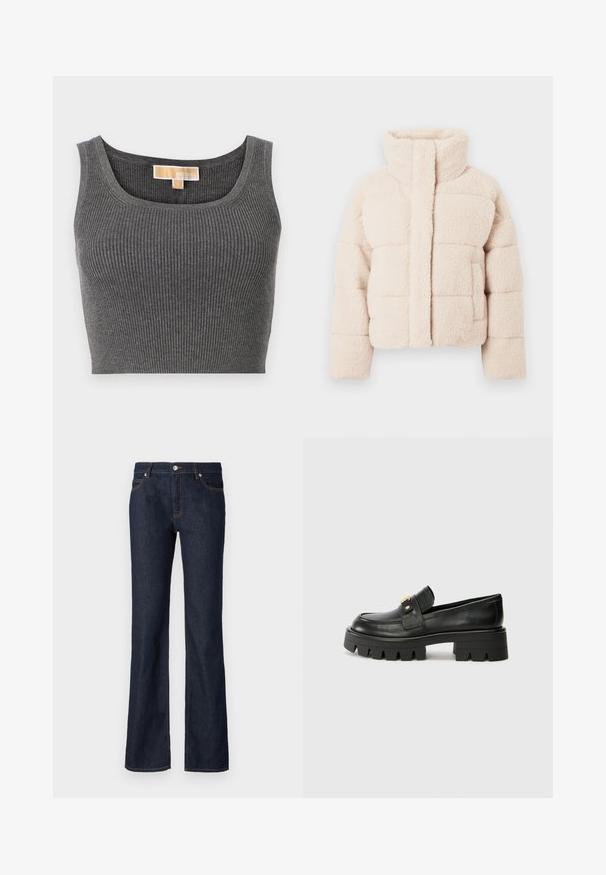 Beige fleece puffer jacket with a high collar, featuring a quilted design and front pockets, soft texture throughout.; Gray ribbed crop top with a wide scoop neckline. Features a smooth texture and a label stating "MICHAEL" on the inner neckline.; Dark blue denim jeans with a flared shape, five-pocket design, and contrasting orange stitching along the seams and pockets.; Black leather loafers with a chunky sole, featuring a gold-tone accent on the front and a smooth finish. Chunky tread design on the sole.