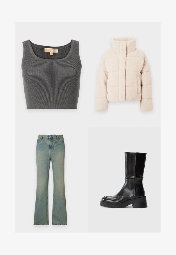 Beige fleece pufferjakke med høj krave, der har en quiltet design og forlommer, blød tekstur hele vejen igennem.; Grå ribbet crop top med en bred bådhals. Har en glat tekstur og en etiket med teksten "MICHAEL" på den indre halsudskæring.; Lysblå denim flare jeans med høj talje, fem lommer og lynlås. Ren, falmet finish med subtile syninger.; Sorte læder ankelstøvler med blokhæle, der har kontrasterende syninger og et buet tådesign. Glat tekstur, strømlinet silhuet.