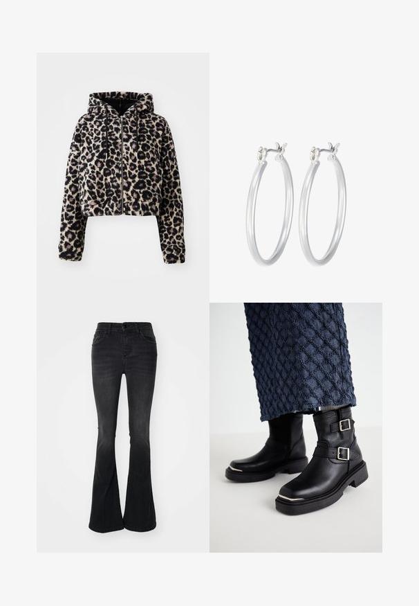 Zkrácená bunda s kapucí z měkkého umělého kožešiny v tan základní barvě a černými leopardími skvrnami. Obsahuje zip vpředu a stahovací šňůrky na kapuci.; Tři trička s dlouhým rukávem naskládaná na sobě: černé, šedé a bílé. Každé má kulatý výstřih a kratší střih z hladkého, lehkého materiálu.; Černé zvonové džíny vyrobené z denimu, s vysokým pasem, předními kapsami, zapínáním na knoflík a čistým zakončením na lemu.; Černé kožené kotníkové boty s dvojitými přezkami, texturovaný povrch, čtveraté špičky a robustní gumové podrážky. Výrazné stříbrné akcenty.; Stříbrné kruhové náušnice s hladkým, lesklým povrchem. Kulatý tvar a bezpečné zapínání na klip. Lehký design vhodný pro každodenní nošení.