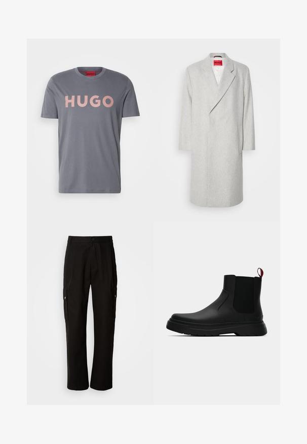Pelēks vilnas maisījuma mētelis ar ielocītu apkakli, garām piedurknēm un vienu pogu aizdari. Iezīmēts ar kabatu un spilgti sarkanu etiķeti iekšpusē.; Pelēka kokvilnas T-kreklu ar īsām piedurknēm, uz kura priekšpuses ir liels gaiši rozā "HUGO" teksts, un apļa kakla izgriezums.; Melnas kokvilnas kravas bikses ar brīvu piegriezumu, ar sānu kabatām, pogu aizdari un taisnām kājām. Vienkāršs dizains bez rakstiem.; Melnas potītes ar gludu apdari, elastīgiem sānu paneļiem un kontrastējošu sarkano cilpu, aprīkotas ar biezu gumijas zoli un noapaļotu purngalu.