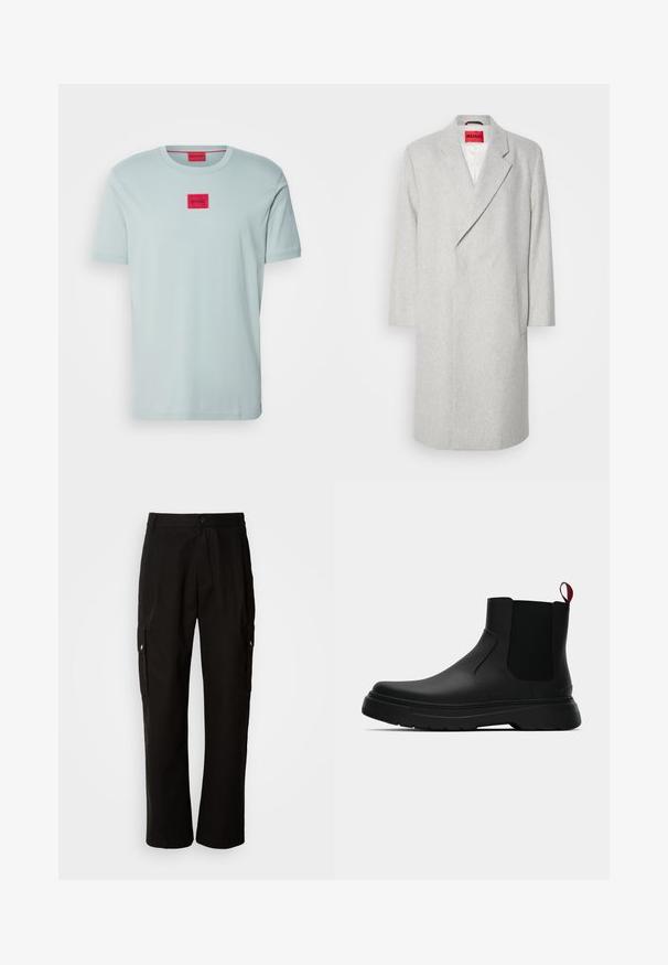 Abrigo de mezcla de lana gris con solapa muescada, mangas largas y cierre de un solo botón. Cuenta con un bolsillo de parche y una etiqueta roja brillante en el interior.; HUGO DIRAGOLINO - Camiseta básica - open grey; Pantalones cargo negros de algodón con un corte relajado, que cuentan con bolsillos laterales, cierre de botón y perneras rectas. Diseño simple sin patrones.; Botín negro con un acabado liso, paneles laterales elásticos y una lengüeta de tirón roja contrastante, que presenta una suela de goma gruesa y punta redondeada.