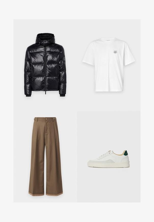Zwarte gewatteerde jas met een glanzende, gestepte textuur, afneembare capuchon, rits aan de voorkant en ritszakken. Bevat een logo op de mouw.; Witte t-shirt van katoen met korte mouwen, een ronde hals, en een klein grijs logo op de linker borstzijde. Soepele textuur.; Wijdvallende broek in een donkerbruine stof, met twee zijzakken, twee decoratieve knopen aan de voorkant en een contrasterende zoomdetail.; Witte sneaker met suède accenten, ronde neus, platte veters en een crème rubberen zool. Bevat groene branding op de hiel.