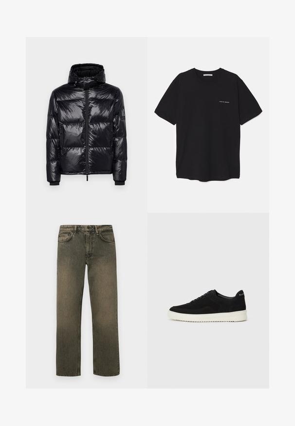 Doudoune noire avec une texture brillante et matelassée, capuche amovible, fermeture éclair à l'avant et poches zippées. Présente un logo sur la manche.; T-shirt en coton noir avec un col rond, des manches courtes et un logo blanc imprimé sur la poitrine gauche. Design simple, couleur unie.; Jeans décontractés vert brun avec une coupe droite, dotés de cinq poches, d'une fermeture à bouton et à glissière, et d'une texture décolorée.; Baskets en daim noir avec un design à lacets et une semelle en caoutchouc blanc contrastant. Comprend des panneaux latéraux texturés et un logo subtil sur le talon.