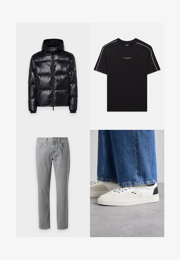 Černá péřová bunda s lesklou, prošívanou texturou, odnímatelnou kapucí, zapínáním na zip vpředu a kapsami na zip. Na rukávu se nachází logo.; Černé bavlněné tričko s krátkým rukávem, kulatým výstřihem, béžovým kontrastním prošitím na ramenou a logem ARMANI EXCHANGE uprostřed.; Šedé džíny z denimu se střihem rovného nohavice, s pěti kapsami, předním zapínáním na knoflík a světlým kontrastním prošíváním.; Bílé a černé tenisky s hladkým koženým svrškem, texturovanými akcenty a robustní bílou podešví. Mají klasický design se šněrováním.