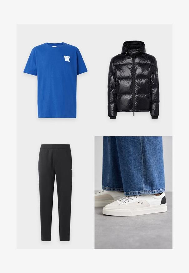 Chaqueta acolchada negra con una textura brillante y acolchada, capucha desmontable, frente con cremallera y bolsillos con cremallera. Presenta un logotipo en la manga.; Camiseta de algodón azul con cuello redondo, mangas cortas y un logotipo blanco en el área del pecho izquierdo. Textura suave y corte estándar.; Pantalones de chándal negros hechos de una tela suave, con una cintura elástica, perneras rectas y un pequeño detalle del logo en el lateral.; Zapatillas blancas y negras con una parte superior de cuero suave, acentos texturizados y una suela blanca gruesa. Presenta un diseño clásico de cordones.