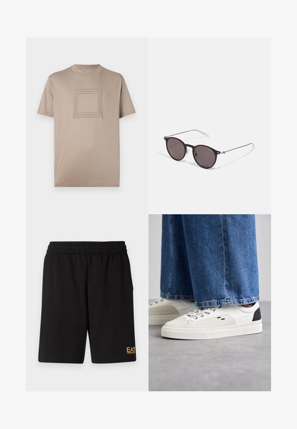 Black puffer jacket with a shiny, quilted texture, detachable hood, zip front, and zippered pockets. Features a logo on the sleeve.; Beige short-sleeve T-shirt made of smooth fabric, featuring a square logo design in the center with embossed rectangular outlines.; Black athletic shorts made of soft fabric,Featuring an elastic waistband and a small yellow EA7 logo on the lower left leg.; White and black sneakers with a smooth leather upper, textured accents, and a chunky white sole. Features a classic lace-up design.; Black round sunglasses with dark lenses and slim metal arms. Includes clear temple tips and silver accents at the hinge. Minimalist design.