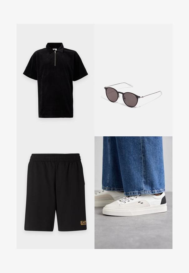 Musta puhvitakki, jossa on kiiltävä, tikattu pinta, irrotettava huppu, vetoketjukiinnitys ja vetoketjulliset taskut. Tässä takissa on myös logo hihassa.; Mustat polo-paidat, jotka on valmistettu pehmeästä, ylellisestä materiaalista, lyhyellä vetoketjulla, rento malli ja lyhyet hihat klassisella kauluksella.; Mustat urheilushortsit, jotka on valmistettu pehmeästä kankaasta. Kengissä on joustava vyötärönauha ja pieni keltainen EA7-logo vasemmassa alakulmassa.; Valkoiset ja mustat tennarit, joissa on sileä nahkapäällinen, tekstuuriakcentit ja paksu valkoinen pohja. Varustettu klassisella nauhakiinnityksellä.; Musta pyöreä aurinkolasit tummilla linsseillä ja kapeilla metallikehyksillä. Sisältää kirkkaat temppelet ja hopeiset yksityiskohdat saranassa. Minimalistinen muotoilu.