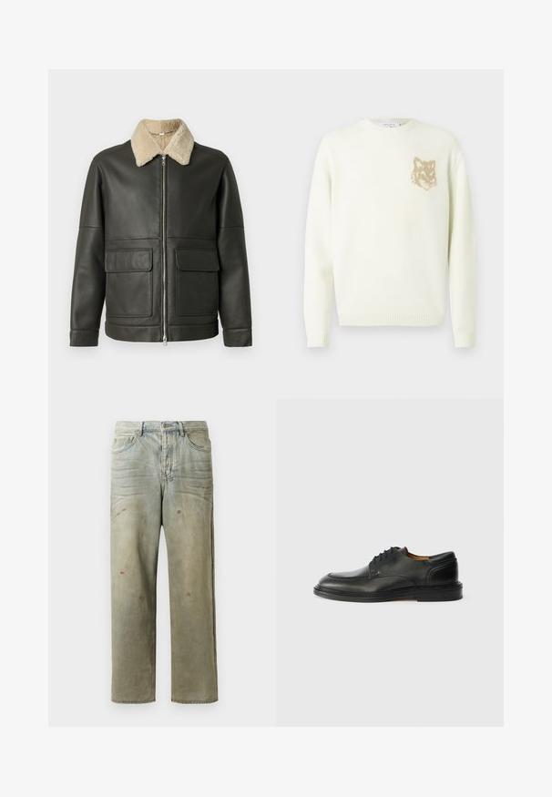Leather jacket in dark green, featuring a beige faux shearling collar, zip closure, and two front pockets. Smooth texture, casual design.; Cream crewneck sweater with long sleeves and small beige fox head graphic on the left chest, ribbed cuffs and hem.; Distressed denim jeans in light green, featuring a straight leg, five-pocket design, and uneven fading with paint splatters.; Black leather lace-up shoes with a smooth texture, rounded toe, and slim black sole. Detailed stitching along the edges adds subtle design contrast.