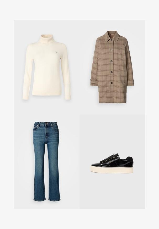 Smeđi karirani kaput s ovratnikom, s pet dugmadi, dugim rukavima i bočnim džepovima. Napravljen od teksturirane tkanine s uzorkom kariranja.; Krema turtleneck pulover napravljen od mekane pletene tkanine. Ima duge rukave, uski kroj i mali detalj loga na prsima.; Traperice viskog struka u plavoj boji, s ravnim nogavicama, blagim izbljeđivanjem, te standardnim dugmetom i zatvaračem.; Crne patent kože tenisice s ravnim kremasto bijelim đonom. Sadrže crne vezice, zlatne rupe za vezivanje i detalj loga sa strane. Dizajn s okruglim vrhom.