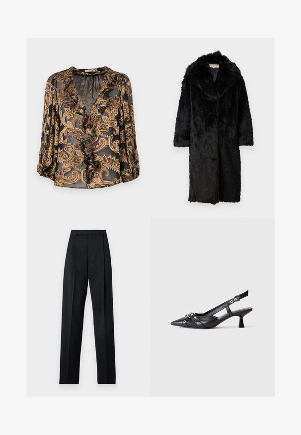 MICHAEL Michael Kors LONG COAT - Talvemantel - black; Must kärgiga paisleemustriga pluus volangidega V-kaelusega, kolmeveerandvarrukatega ja läbipaistva tekstuuriga, omades laia lõiget ja keerukat mustrit.; Mustad püksid siledast kangast, millel on kõrge vöökoht, laiad jalad, esimesed kortsud ja klassikalised vööloopid. Küljepockets pole nähtavad.; Must must have must toote tõmblukuga, dekoratiivsed rihmad metallist silmadega ja madal blokk-kand. Tekstureeritud pind.