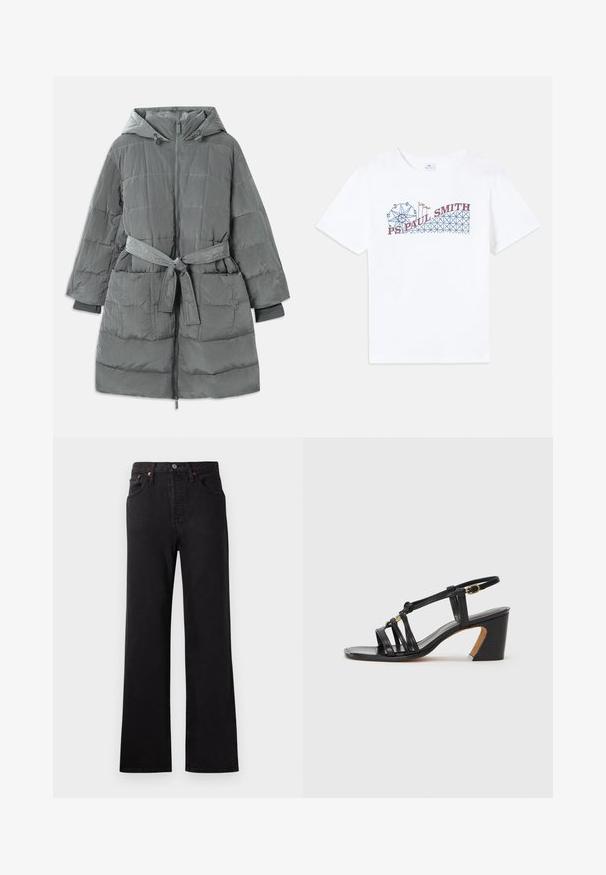 Hallhalli suur vormikate sõidukiirus, millel on kapuuts, esikinnitus, vöökoht, kaks esikotti ja tekstureeritud, tikandiga kangas.; Valge puuvillane T-särk, millel on värviline graafika evakuatorist ja pöörlevast mäest, kus on kirjas "PS Paul Smith" punase ja sinisega.; Kohandatud mustad denim teksad kõrge vöökohtadega ja flared jalgadega, millel on nähtav õmblus, viie tasku disain ja vasktooni riistvarakaunistused.; Paul Smith AMIRA - Klassikalised kontsakingad - black