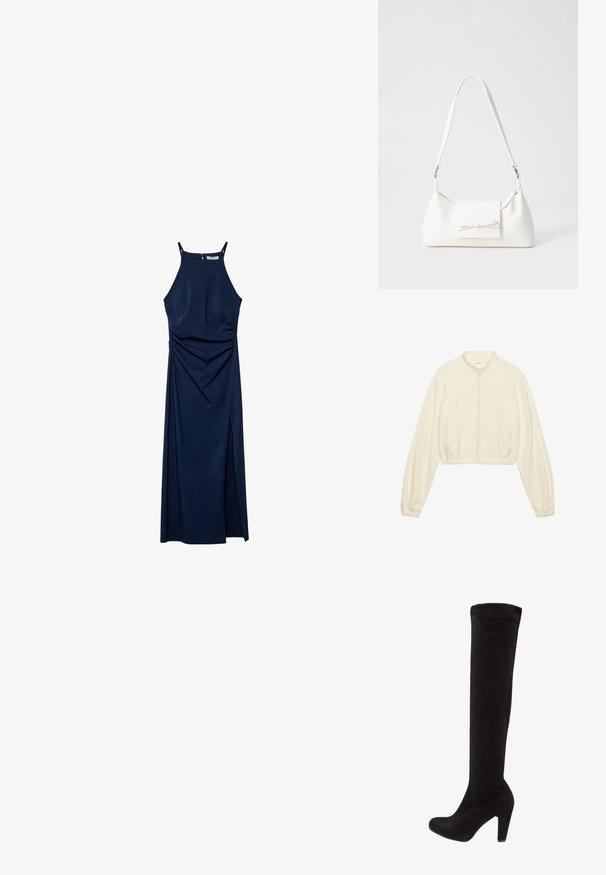Geknipte ritsjack in crème, gemaakt van zachte stof. Beschikt over lange mouwen, twee voorzakken en elastische cuffs voor een strakke pasvorm.; Marineblauwe mouwloze jurk met een aansluitende bovenkant, gedrapeerde zijdetails en een zijsplit. Glad materiaal en ritssluiting op de rug.; Zwarte over-de-knie laarzen van zacht suede, met een getailleerd ontwerp en een hoge, chunky hak. Gladde textuur met minimale hardware.; Witte synthetische handtas met een driehoekige vorm, platte voorklep en strikdetail, verstelbare schouderriem, gladde textuur en minimalistisch ontwerp.