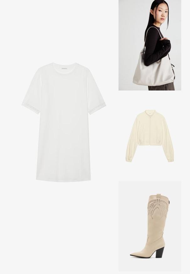 Kratka zip-up jakna v kremni barvi, izdelana iz mehkega materiala. Ima dolge rokave, dve sprednji žepu in elastične manšete za oprijeten videz.; Bela majica obleka iz bombaža s kratkimi rokavi. Ima dekorativne čipkaste podrobnosti na robovih rokavov. Preprost, sproščen kroj.; Even&Odd Škornji v kavbojskem/motorističnem slogu - beige; Bežna torbica iz mehkega materiala, z ohlapno zasnovo, šivi in dvema naramnicama. Primerna za vsakodnevno uporabo.