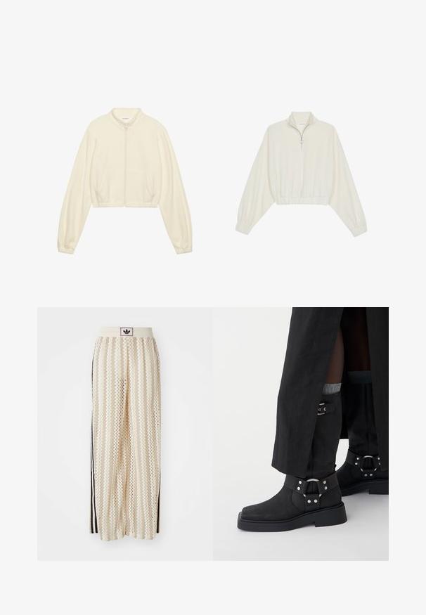 Rövidített, cipzáras dzseki krém színben, puha anyagból készült. Hosszú ujjakkal, két elülső zsebbel és elasztikus mandzsettákkal rendelkezik a karcsú megjelenés érdekében.; Krém színű, rövidített pulóver, magas gallérral, félig cipzáros záródással, elasztikus derék- és ujjakrésszel, sima textúrával és minimalista dizájnnal.; Krém színű, széles szárú nadrág zigzag mintával, fekete logós derékrésszel és fekete oldalsávokkal. Könnyű, texturált anyag.; Fekete bokacsizma, matt bőrből készült, négyzetes orral és dekoratív csatokkla. A cipő talpa vaskos és texturált.