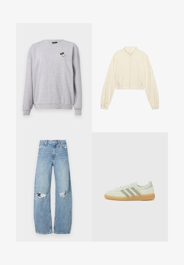 Rövidített, cipzáras dzseki krém színben, puha anyagból készült. Hosszú ujjakkal, két elülső zsebbel és elasztikus mandzsettákkal rendelkezik a karcsú megjelenés érdekében.; Szürke kapucnis pulóver pamut keverékből, kerek nyakkal. A bal mellen egy kis Mickey Mouse nyomat látható. Hosszú ujjak, laza szabású.; Világoskék, magas derekú farmernadrág. Széles lábakkal, két szakadt térddel és klasszikus öt zsebes dizájnnal rendelkezik.; Világoszöld nubukbőr sportcipő három szürke csíkkal, ragasztott gumitalppal és minimalista dizájnnal. Az oldalon logó részlet található.