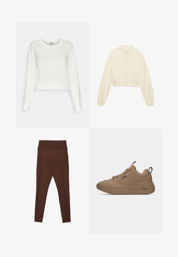 Jaqueta zipada cortada em creme, feita de tecido suave. Apresenta mangas长as, dois bolsos frontais e punhos elásticos para um ajuste perfeito.; Sweatshirt curto branco feito de tecido suave, com mangas longas, gola redonda e punhos com canelado. Logótipo da Fila na gola.; Leggings castanhos feitos de material elástico com uma cintura alta ribateada e bolsos laterais. Apresenta costuras flatlock para maior durabilidade.; Sapatilha FILA castanha com sola grossa, atilhos na frente, alças na língua e no calcanhar, e logótipos da marca na lateral e na sola.