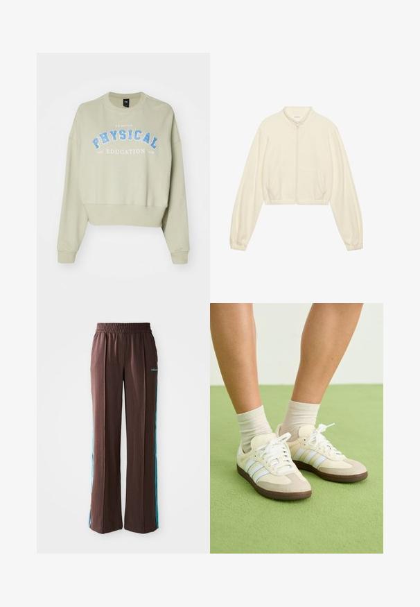 Krátká zipová bunda v krémové barvě, vyrobená z měkké tkaniny. Má dlouhé rukávy, dvě přední kapsy a elastické manžety pro přiléhavý vzhled.; Zkrácená mikina z měkké, světle zelené bavlny s modrým potiskem "FIZICKÁ VÝCHOVA". Obsahuje žebrované manžety a kulatý výstřih.; Hnědé sportovní kalhoty s jemnými pruhy, elastickým pasem a tyrkysovými bočními pruhy. Na přední straně se nachází logo adidas.; Samba tenisky s krémovo-bežovou barevnou kombinací, obsahující tři světle modré pruhy, bílé tkaničky a hnědé gumové podrážky.