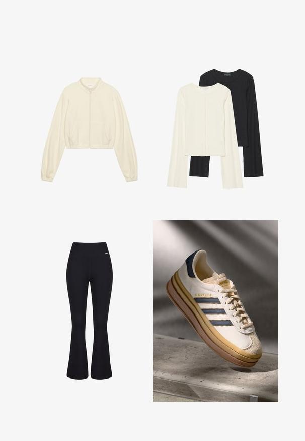 Kratka zip-up jakna u krem boji, izrađena od mekog materijala. Ima duge rukave, dva prednja džepa i elastične manžete za prilagođen izgled.; Set od dvije duge majice s dugim rukavima u bijeloj i crnoj boji. Rebrasta tekstura, okrugli izrez, uski kroj s blago raširenim rukavima.; Crne rebraste hlače s visokim strukom. Glatka tekstura i prilagođeni siluet koji se sužava prema koljenima prije nego se širi.; Adidas Gazelle tenisice s kremasto antilop gornjom, plavim kožnim akcentima, tri plave pruge, bež međupotplat i smešani gumeni potplat.
