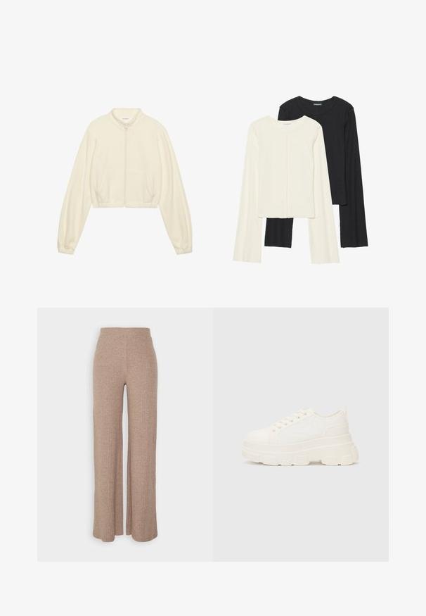 Veste zippée cropped en crème, fabriquée en tissu doux. Elle présente des manches longues, deux poches avant et des poignets élastiques pour un look ajusté.; Ensemble de deux hauts à manches longues en blanc et noir. Texture côtelée, col rond, design ajusté avec des manches légèrement évasées.; Pantalons larges en beige à côtes avec une taille haute et une texture douce, présentant une coupe loose et sans fermetures visibles.; Baskets blanches en toile avec une semelle épaisse, bout arrondi et cinq œillets pour les lacets. Onglet arrière pour un enfilage facile. Texture lisse, design minimaliste.