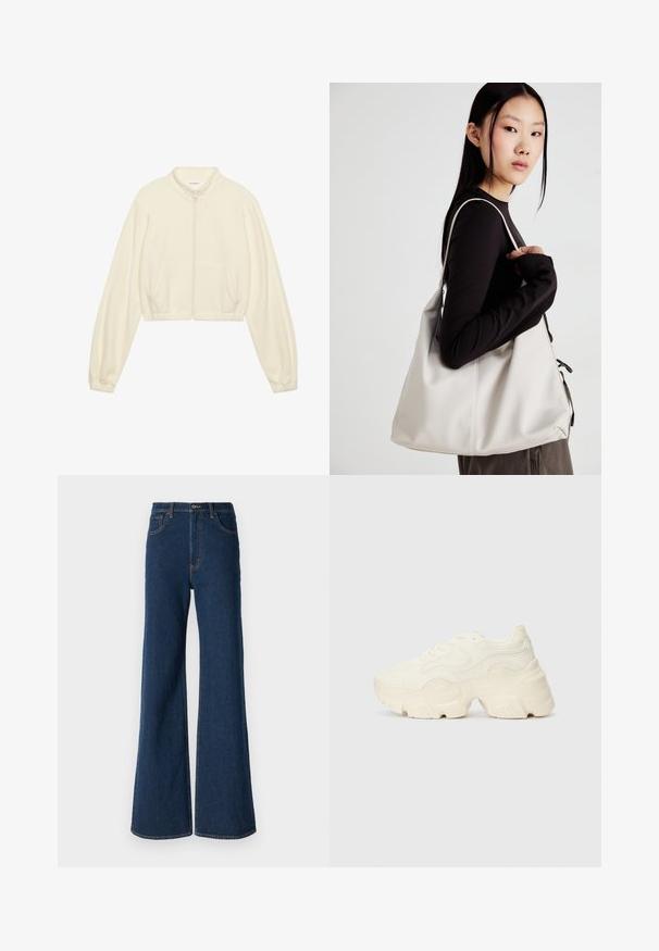 Kreminės spalvos trumpa zip-up striukė, pagaminta iš minkštos medžiagos. Su ilgomis rankovėmis, dviem priekinėmis kišenėmis ir elastiniais rankogaliais, suteikiančiais prigludusį siluetą.; Dviejų ilgomis rankovėmis marškinėlių rinkinys, baltas ir juodas. Raukšlėta tekstūra, apvalus kaklas, prigludusi forma su šiek tiek platėjančiomis rankovėmis.; Abercrombie & Fitch Laisvo kirpimo džinsai - rinse; Masyvios baltos sportbačiai, pagaminti iš tekstūruoto tinklelio ir sintetinių medžiagų, pasižymintys storu padu ir išsamiu raštų detalizavimu šonuose.; Bežinė rankinė, pagaminta iš minkštos medžiagos, turinti laisvą dizainą, siuvinėtas detalės ir dvi petnešos. Tinkama kasdieniam naudojimui.