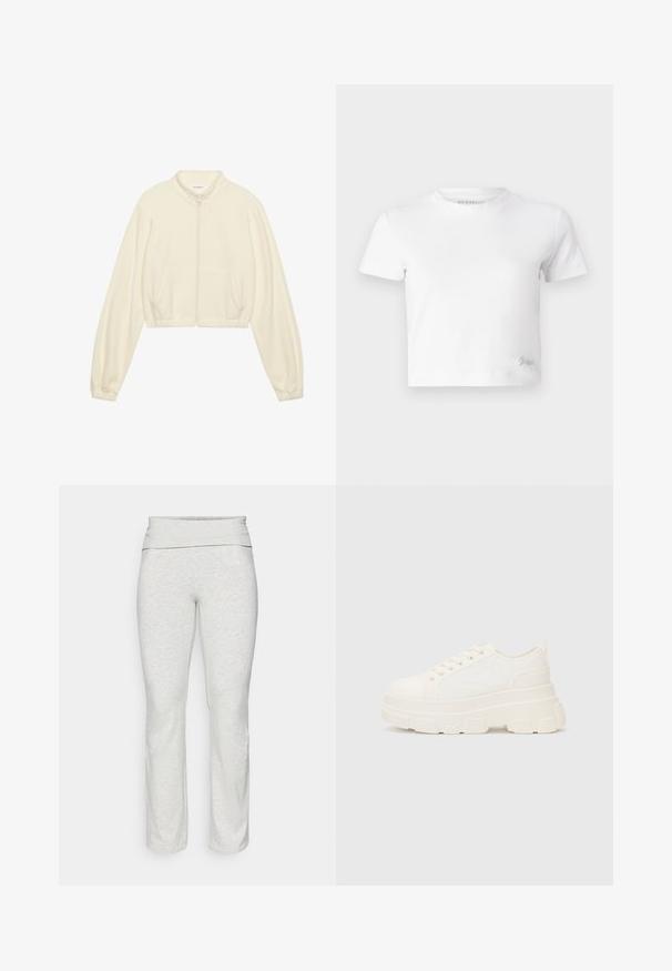 Krátka zipsová bunda v krémovej farbe, vyrobená z mäkkej látky. Má dlhé rukávy, dve predné vrecká a elastické manžety pre priliehavý vzhľad.; Biely croptop vyrobený z hladkej bavlny, s vysokým výstrihom a krátkymi rukávmi. Malé vyšívané logo v dolnom rohu.; ONLY Play ONPFOLD LIFE JAZZ - Legíny - light grey; Biele plátené tenisky s hrubou podrážkou, zaoblenou špičkou a piatimi očkami na šnúrky. Zadný popruh pre jednoduché obúvanie. Hladká textúra, minimalistický dizajn.