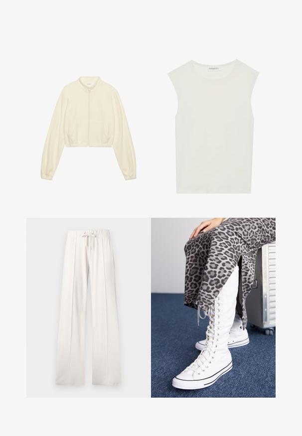 Krótka kurtka zapinana na zamek błyskawiczny w odcieniu kremowym, wykonana z miękkiego materiału. Posiada długie rękawy, dwie przednie kieszenie oraz elastyczne mankiety, które zapewniają dopasowany wygląd.; Biała bezrękawnik z okrągłym dekoltem. Wykonana z gładkiego materiału, ma luźny krój i minimalistyczny design. Bez wzorów ani akcentów.; Jasno beżowe dresy wykonane z miękkiego materiału, z elastycznym paskiem w pasie, szerokimi nogawkami i pionowymi szwami, o gładkiej teksturze.; Białe sznurowane buty z wysoką cholewką, wykonane z płótna, z czarnymi akcentami. W zestawie z szarą spódnicą w panterkę z bocznymi rozcięciami.