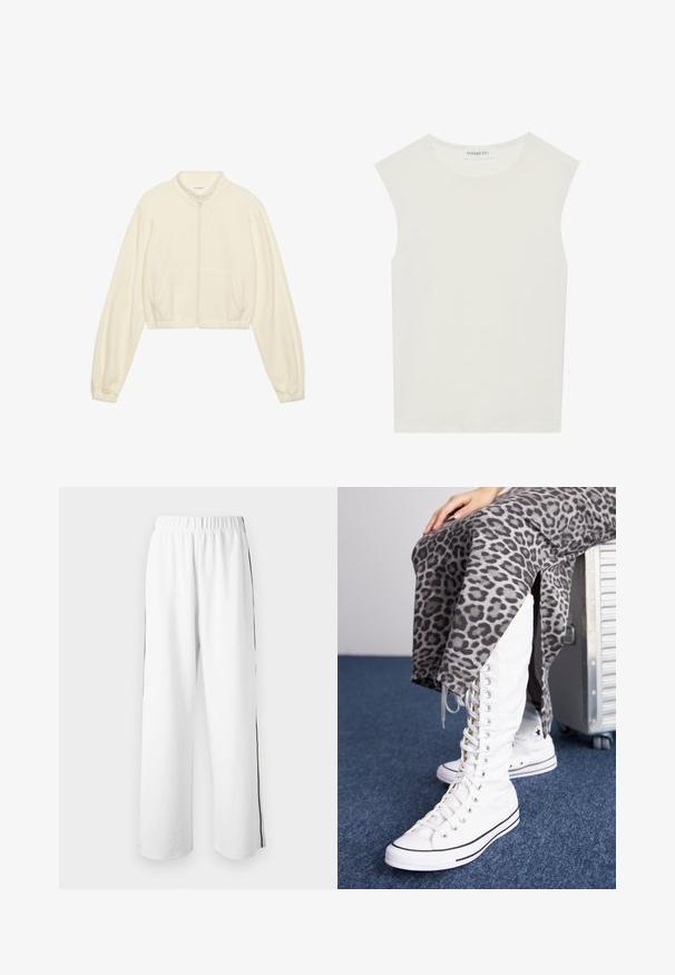 Cropped zip-up jacket in cream, made of soft fabric. Features long sleeves, two front pockets, and elastic cuffs for a fitted look.; White sleeveless top with a round neckline. Made of smooth fabric, it features a relaxed fit and minimalist design. No patterns or accents.; White wide-leg pants with an elastic waistband and side black stripes. Made from smooth fabric, featuring a relaxed, casual fit.; White lace-up boots with a high shaft, made of canvas, feature black accents. Paired with a gray leopard print skirt that has side slits.
