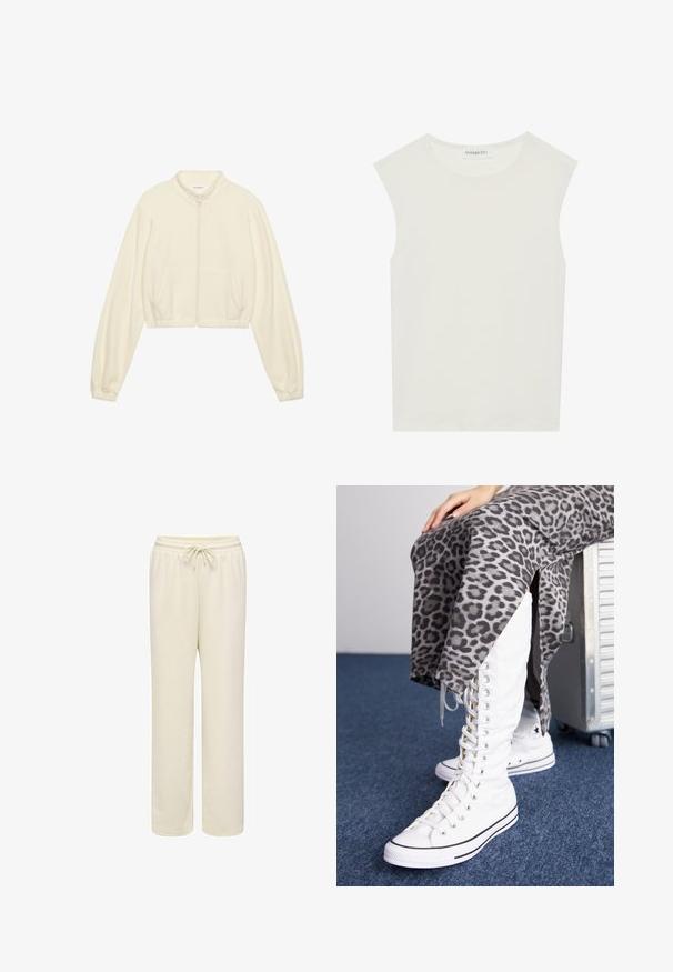 Cropped zip-up jacket in cream, made of soft fabric. Features long sleeves, two front pockets, and elastic cuffs for a fitted look.; White sleeveless top with a round neckline. Made of smooth fabric, it features a relaxed fit and minimalist design. No patterns or accents.; Off-white relaxed-fit sweatpants with elastic waistband and drawstring front, straight legs, and no visible pockets or patterns.; White lace-up boots with a high shaft, made of canvas, feature black accents. Paired with a gray leopard print skirt that has side slits.