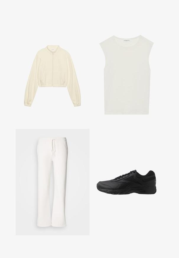 Rövidített, cipzáras dzseki krém színben, puha anyagból készült. Hosszú ujjakkal, két elülső zsebbel és elasztikus mandzsettákkal rendelkezik a karcsú megjelenés érdekében.; Fehér ujjatlan felső, kerek nyakkivágással. Simább anyagból készült, laza fazonnal és minimalista kialakítással rendelkezik. Nincsenek minták vagy díszítések.; Fehér, laza szabású melegítőnadrág, puha anyagból készült, rugalmas derékkal és zsinórral, egyenes szárú kialakítással.; Reebok WORK N CUSHION - Gyaloglócipő - black/cold grey