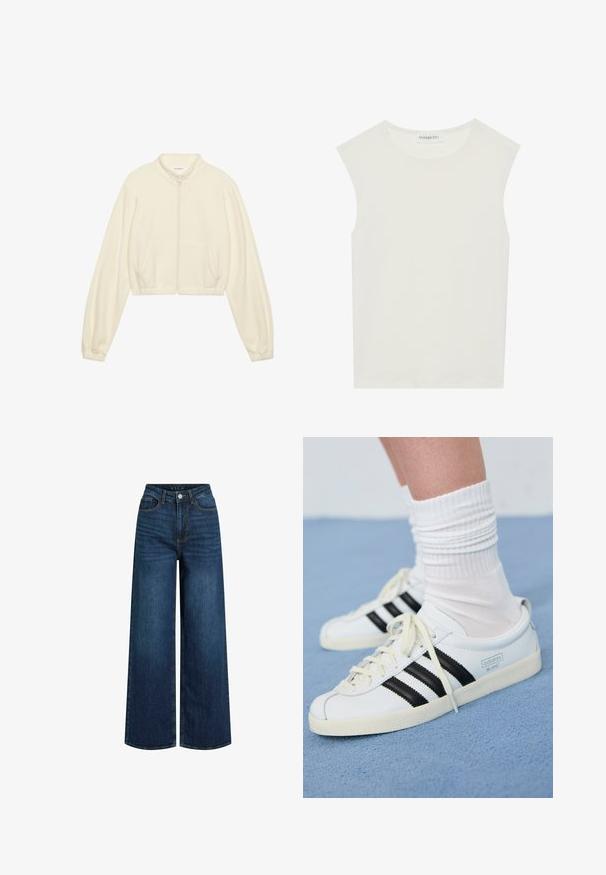 Īss jaciņa ar krēmkrāsas flīsa materiālu un augstu apkakli. Tam ir priekšējā rāvējslēdzēja aizdare un divas sānu kabatas. Garas, savāktas piedurknes.; Balts bez piedurknēm tops ar apaļu kakla izgriezumu. Izgatavots no gludas auduma, tam ir brīvs piegriezums un minimālistisks dizains. Nav nekādas rakstainības vai akcentu.; Platām kājām džinsi, kas izgatavoti no tumši zilas džinsa auduma, ar augstu vidukli, apdarei ar rāvējslēdzēju, priekšējām kabatām un redzamām šuvju detaļām.; Baltas ādas sporta apavi ar melnām svītrām, krēmkrāsas zole un gaišām auklām. Valkāti ar baltām kordētām zeķēm, novietoti uz zila fona.