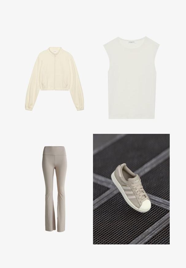 Kratka zip-up jakna v kremni barvi, izdelana iz mehkega materiala. Ima dolge rokave, dve sprednji žepu in elastične manšete za oprijeten videz.; Bela brezrokavnica s okroglim izrezom. Narejena iz gladkega materiala, ima sproščen kroj in minimalističen dizajn. Brez vzorcev ali okrasnih elementov.; Bež leggingi s širokim robom iz raztegljivega materiala. Visok pas z diskretnim logotipom. Gladka tekstura brez vidnih šivov ali vzorcev.; Bežna Adidas Superstar teniska z teksturirano usnjeno zgornjico, tremi stranskimi črtami, okroglim kapom za prste ter logotipom na ježku in peti.