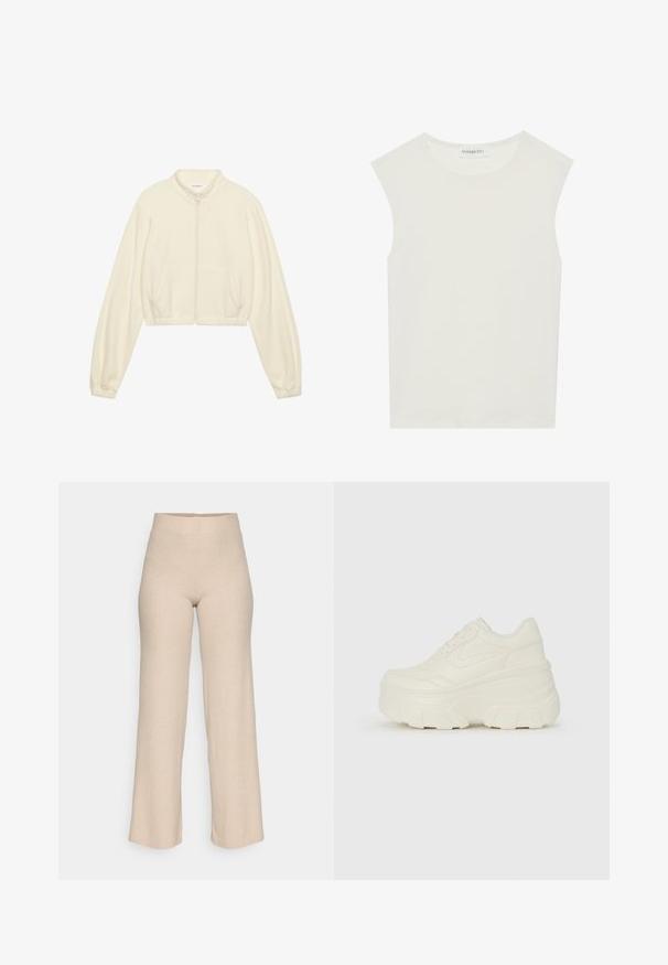 Lyhyt vetoketjullinen takki vaaleassa värissä, valmistettu pehmeästä kankaasta. Ominaisuuksiin kuuluvat pitkät hihat, kaksi etutaskua ja joustavat hihansuut tiiviin istuvuuden saavuttamiseksi.; Valkoinen hihaton paita, jossa on pyöreä kaula-aukko. Valmistettu sileästä kankaasta, siinä on rento istuvuus ja minimalistinen muotoilu. Ei kuvioita tai koristeita.; Beige ribbikudosidemed püksid kõrge vöökohtade ja laiade jalgadega, esitatud valge tausta ees.; Valkoiset tasapohjakengät, joissa on sileä nahkamainen päällinen, pyöristetty muoto, pehmustettu nilkkaosa ja texturoitu kumipohja, jossa on hyvin määritellyt urat.