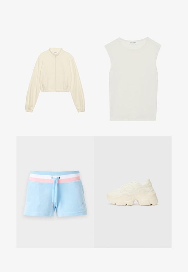 Kreminės spalvos trumpa zip-up striukė, pagaminta iš minkštos medžiagos. Su ilgomis rankovėmis, dviem priekinėmis kišenėmis ir elastiniais rankogaliais, suteikiančiais prigludusį siluetą.; Balta be rankovių palaidinė su apvaliu kaklu. Pagaminta iš lygios medžiagos, ji turi laisvą siluetą ir minimalistinį dizainą. Be raštų ar akcentų.; Šviesiai mėlyni velūro šortai su rožinės ir baltos juostelės liemeniu, su raišteliu ir siuvinėtu logotipu kairėje pusėje.; Masyvios baltos sportbačiai, pagaminti iš tekstūruoto tinklelio ir sintetinių medžiagų, pasižymintys storu padu ir išsamiu raštų detalizavimu šonuose.