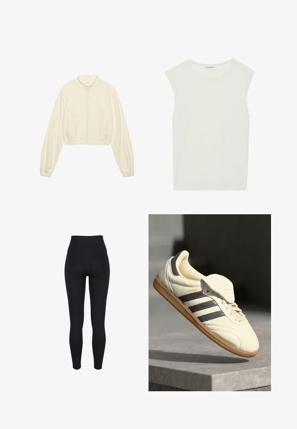 Lühendatud tõmbluku jakk kreemjas toonis, valmistatud pehmest kangast. Omab pikki varrukaid, kahte küljetaskut ja elastseid mansette, mis tagavad sobiva ilme.; Valge ilma varrukateta topp ümmarguse kaelusega. Valmistatud siledast kangast, sellel on mugav lõige ja minimalistlik disain. Ei ole mustreid ega aksessuaare.; Mustad ribatud retuusid kõrge vöökohtaga, millel on sujuv disain, kitsas sobivus ja sile tekstuur. Sobivad aktiivseks kasutamiseks.; Kreem värvi nahast tennisetossid, millel on kolm tumedat triipu, pruun kummi tald ja ümardatud varvas. Omab volditavat keelt, millel on sildil "SAMBA."