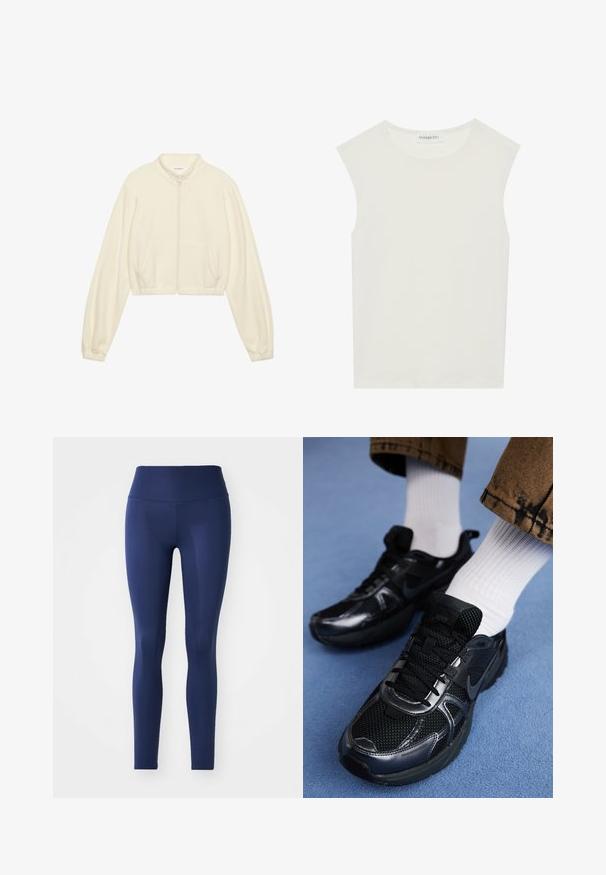 Geknipte ritsjack in crème, gemaakt van zachte stof. Beschikt over lange mouwen, twee voorzakken en elastische cuffs voor een strakke pasvorm.; Witte mouwloze top met een ronde halslijn. Gemaakt van gladde stof, het heeft een losse pasvorm en een minimalistisch ontwerp. Geen patronen of accenten.; Marineblauwe leggins gemaakt van rekbare stof, met een hoge tailleband, een soepele textuur en een volledige lengte zonder patronen of hardware.; Zwarte Nike sportschoenen met een mesh bovenkant en glanzende accenten, zwarte veters en een gestructureerde zool. In combinatie met witte geribde sokken.